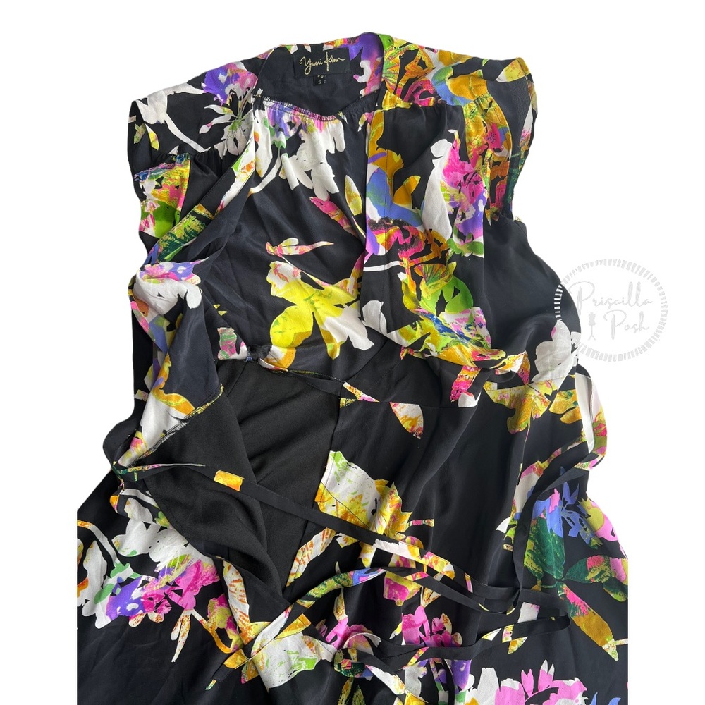 Yumi Kim Black Vibrant Floral Print Wrap Dress Short Sleeve 100% Silk Pink Green - Picture 7 of 13
